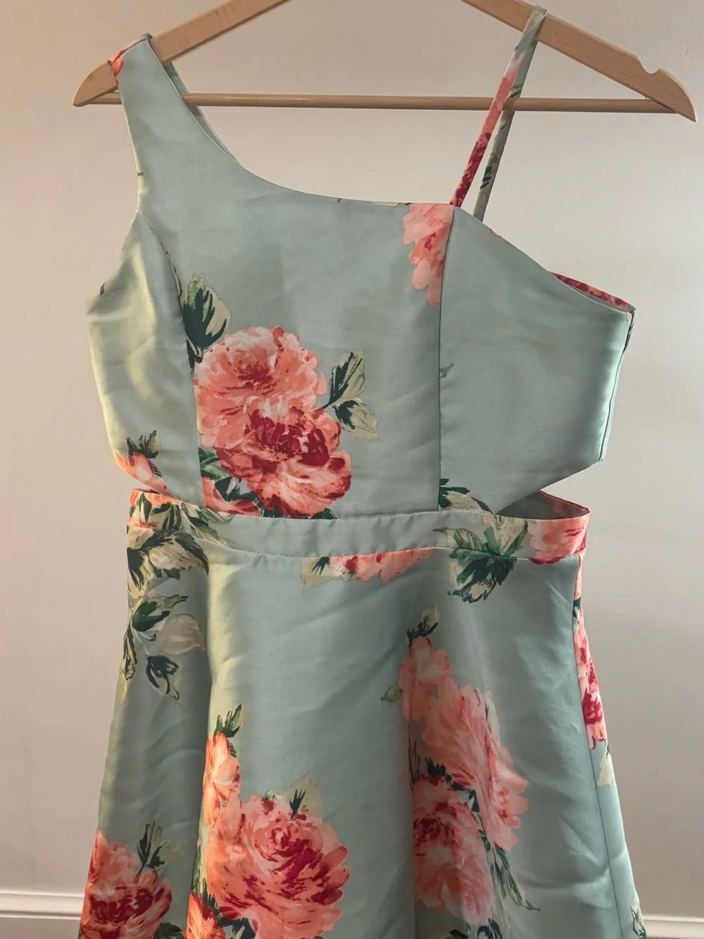 Zunie Mint Floral One-Shoulder Tea Dress with Pink Roses